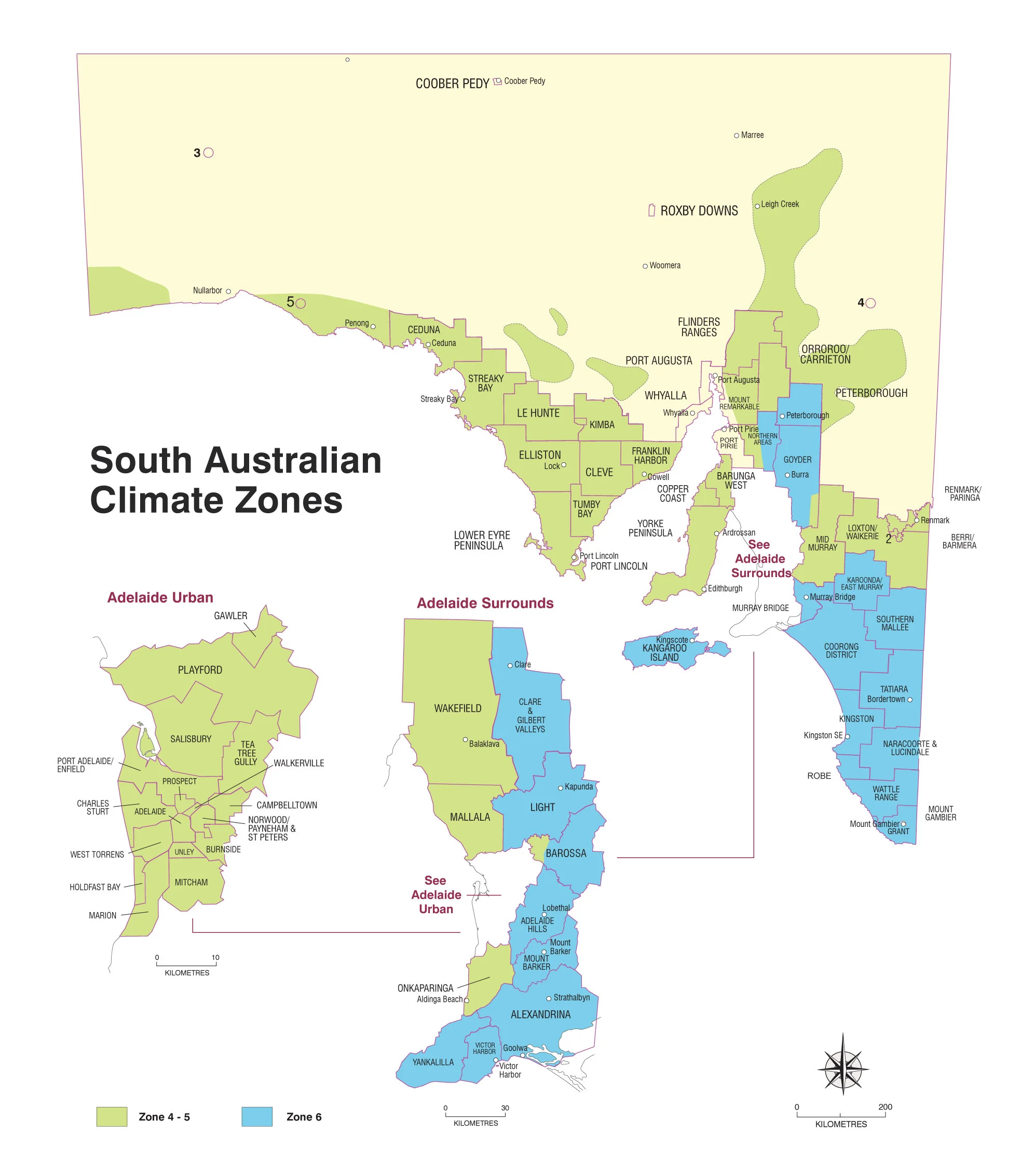 Map of South Australia showing climate zones: zone 4 (green) inland, and zone 5 (blue) along southern and coastal regions. Major towns and regions are labelled, with appliance rebate eligibility indicated for select areas.