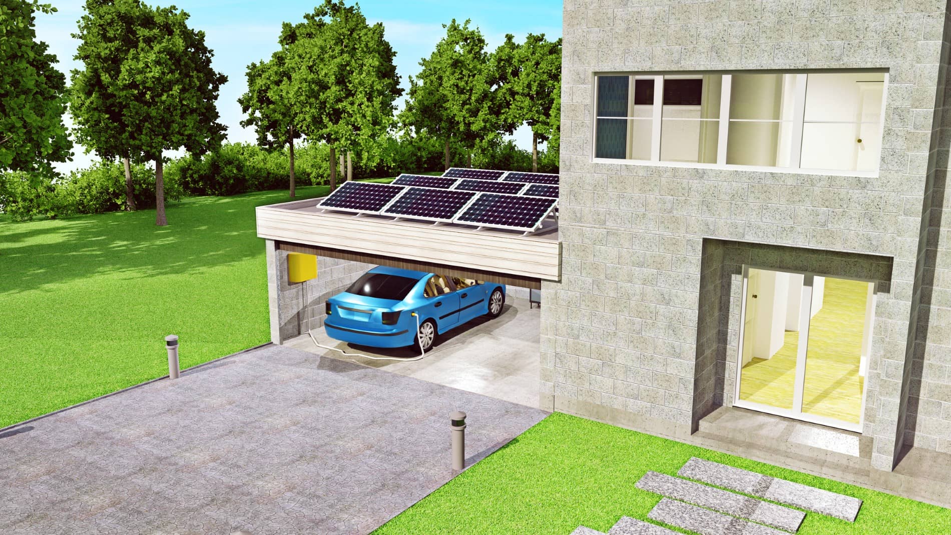 A modern house with solar panels on the garage roof, a blue electric car parked inside, green lawn, trees in the background, large windows, and possible appliance rebate savings for eco-friendly upgrades.