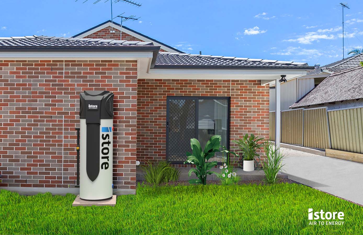 A modern brick house with a glass sliding door and an iStore air to energy unit, eligible for an appliance rebate, sits on a green lawn with potted plants nearby and a driveway on the right.