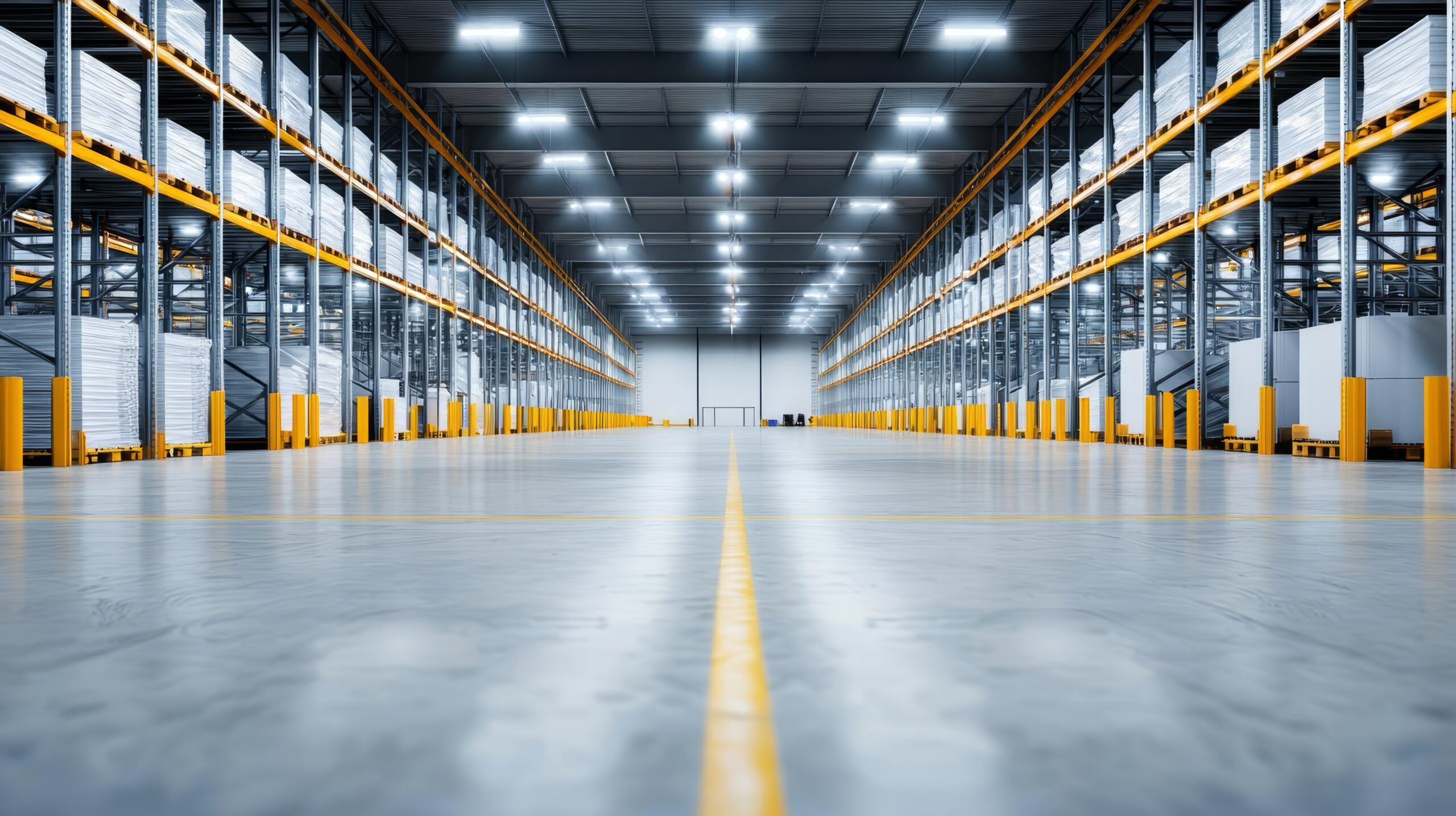 A spacious, modern warehouse interior with high shelves, bright overhead lighting, and a clean, polished floor. Yellow safety barriers line the aisles, and stacks of goods are organised—ideal for Mac Trade Services logistics solutions.