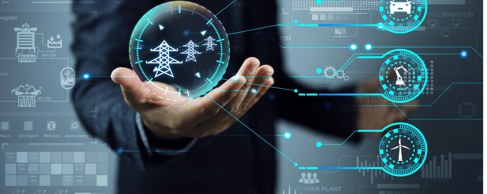 A person in a suit holds a digital hologram displaying power lines and energy icons, surrounded by futuristic interface graphics related to electricity, automation, smart technology, and government rebates like battery rebate or solar rebate.
