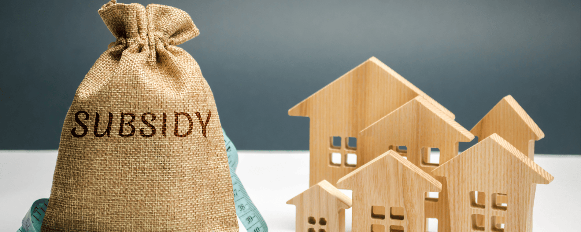 A hessian sack labelled "SUBSIDY" sits beside several small wooden house models, symbolising financial support such as government rebates or subsidies for housing.