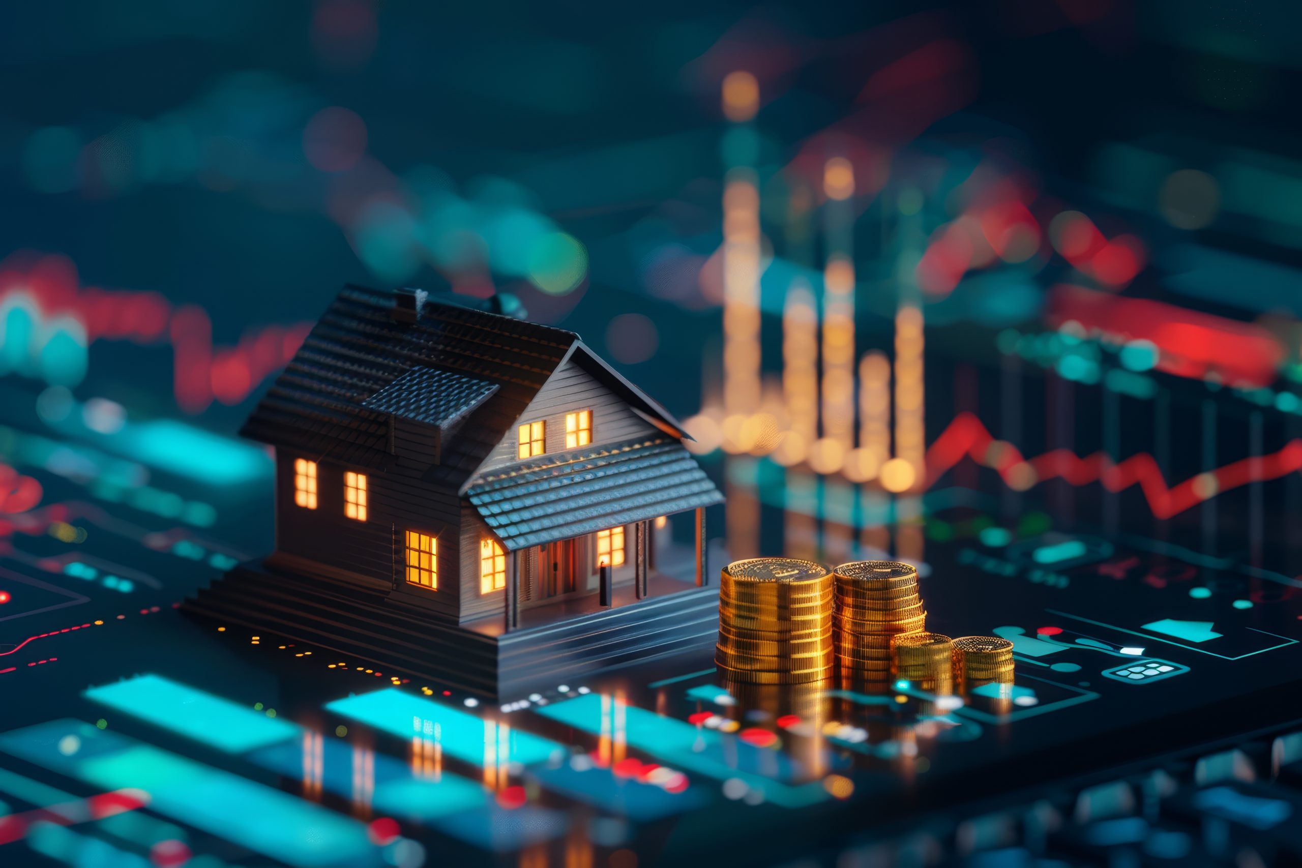 A small model house and stacks of gold coins sit on a digital financial chart with glowing graphs and data, symbolising property investment, market trends, and the impact of government rebates on property value.