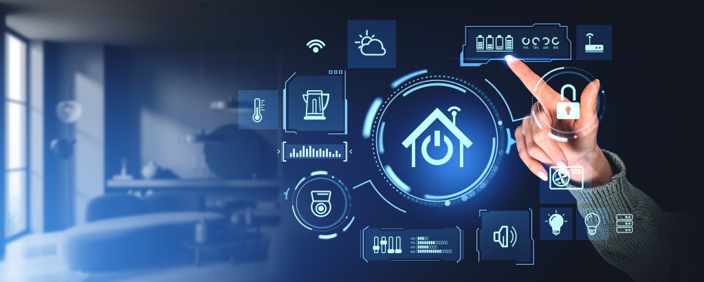 A hand interacts with a digital touchscreen displaying smart home icons—such as security, temperature, and energy management—highlighting options like battery rebate and Mac trade services, with a modern home interior blurred in the background.