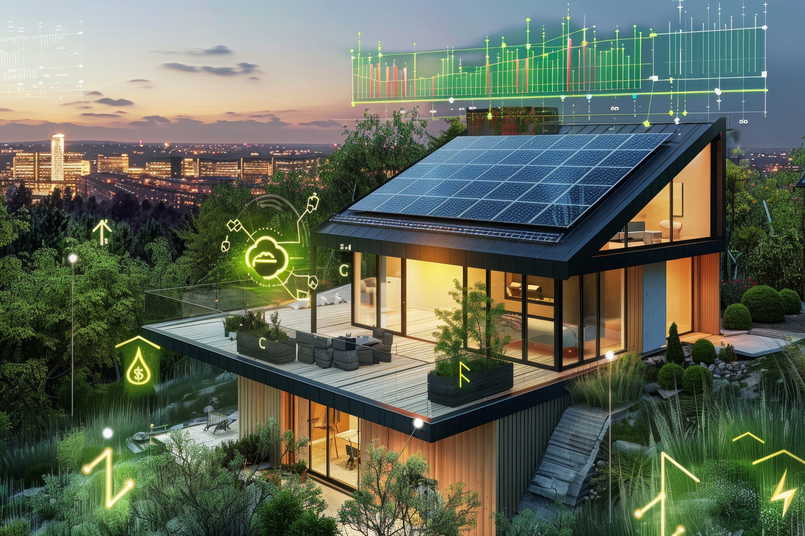 A modern house with rooftop solar panels, eligible for a solar rebate, is surrounded by greenery at sunset, with digital energy and data icons overlaid, and a cityscape in the background.