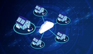 A digital illustration shows five houses, each with solar panels, connected by lines to a central cloud icon on a blue tech-themed background, symbolising cloud-based smart home connectivity and potential government rebates for solar installations.