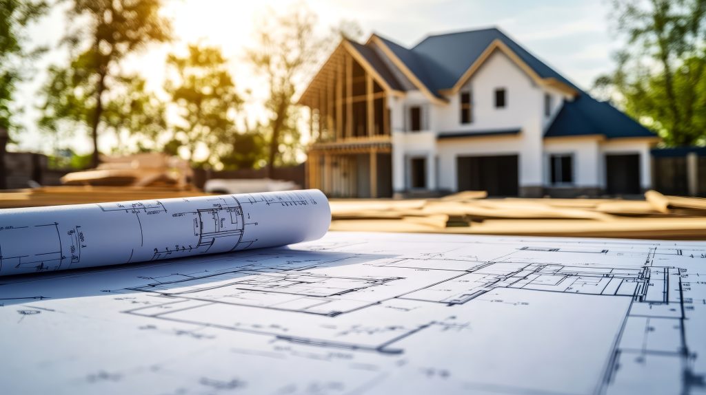 Close-up of building blueprints in front of a new home under construction, representing energy-efficient home design and planning with MAC Trade Services