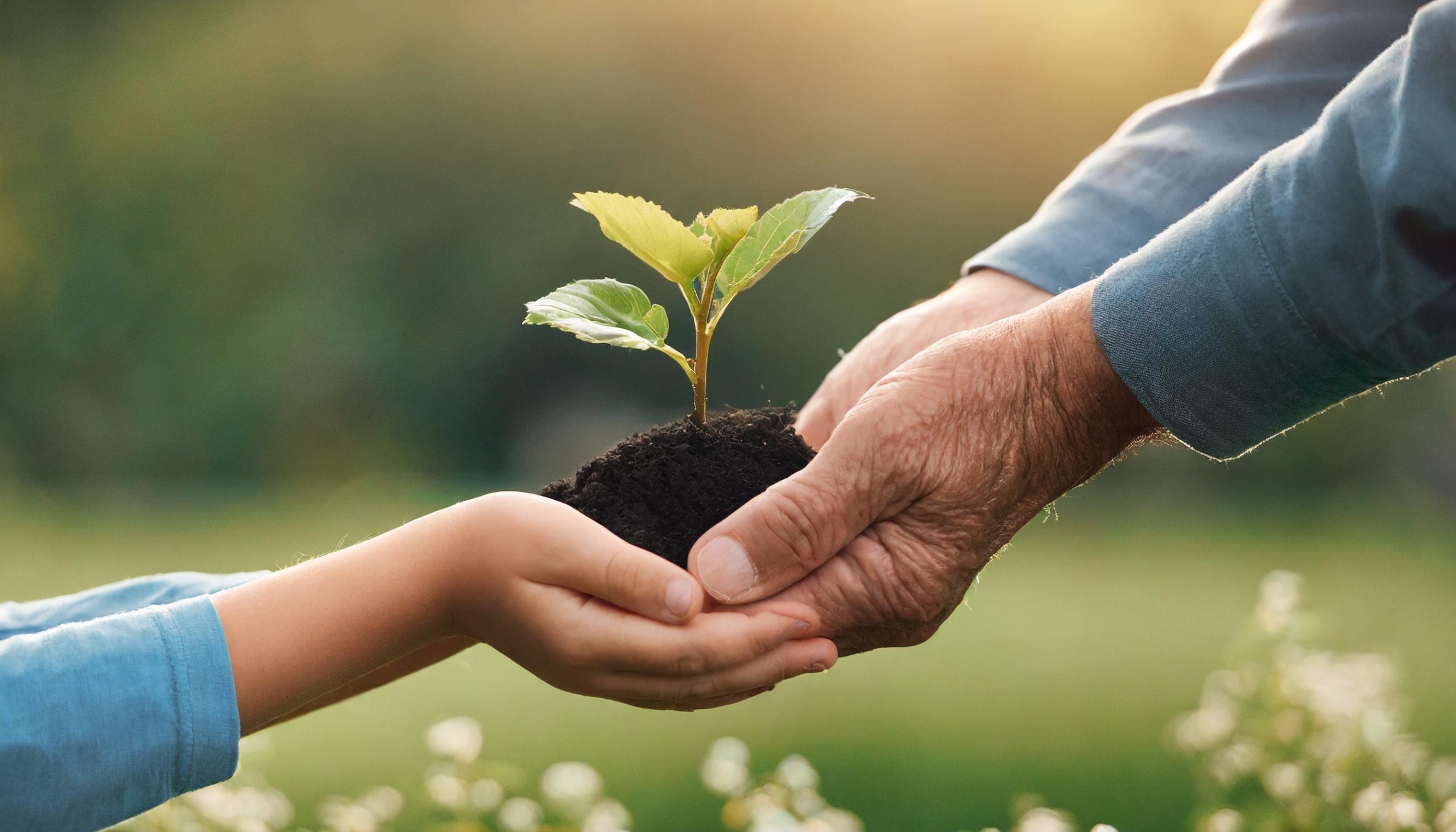 elderly man giving young plant to child