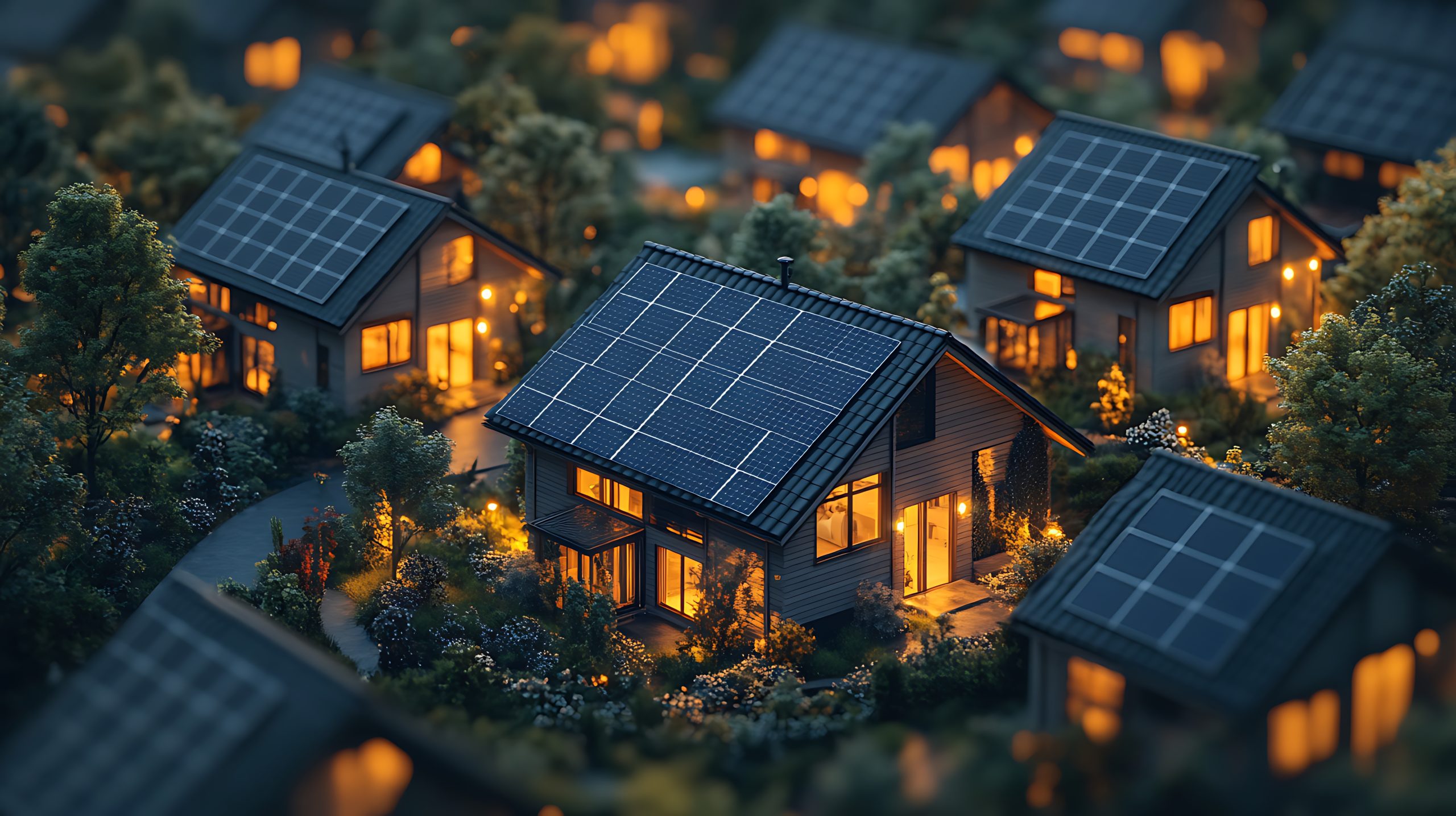 Modern homes equipped with solar panels showcase renewable energy in action. This high-resolution image depicts sustainable living with eco-friendly homes utilizing solar power on their rooftops. Ideal for illustrating clean energy concepts, energy efficiency, and future architecture projects.