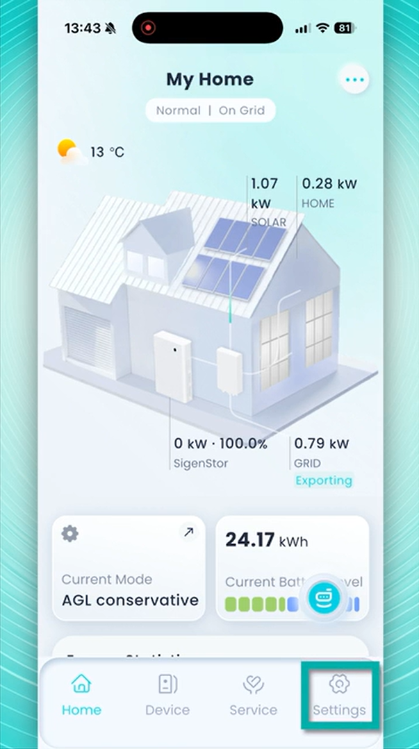 mySigen app home screen with the Settings tab highlighted in the bottom-right corner