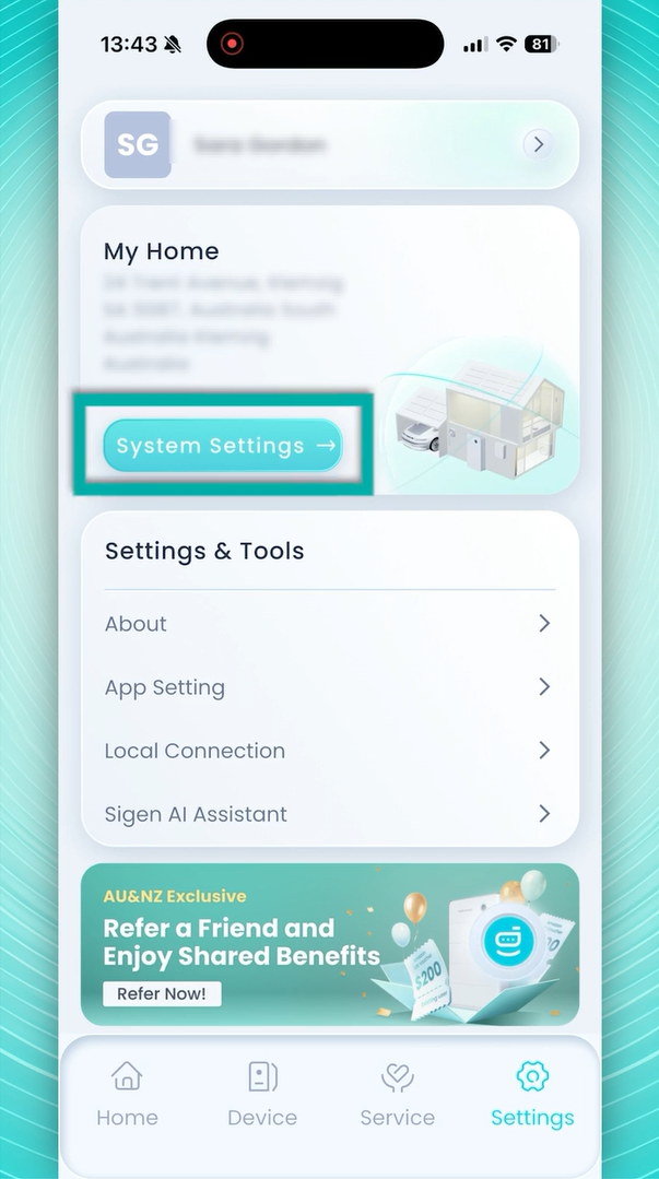 mySigen Settings screen with the System Settings button highlighted