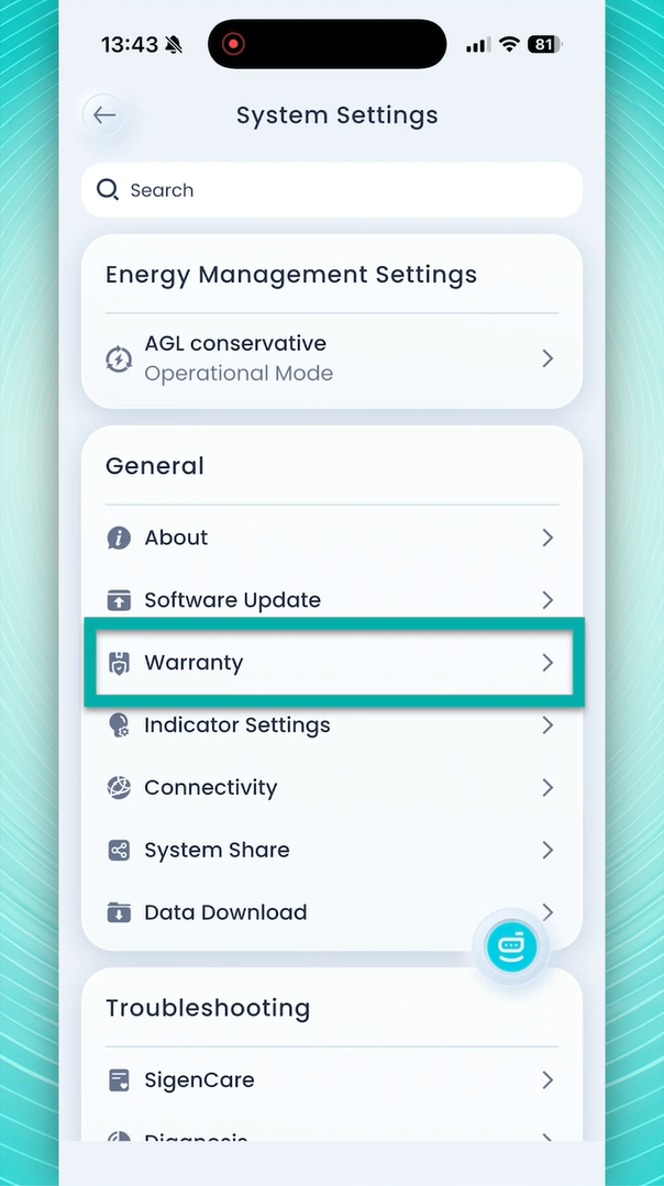 mySigen System Settings screen with the Warranty option highlighted under General