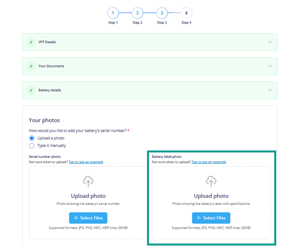 Rebate application webform showing the photo upload fields