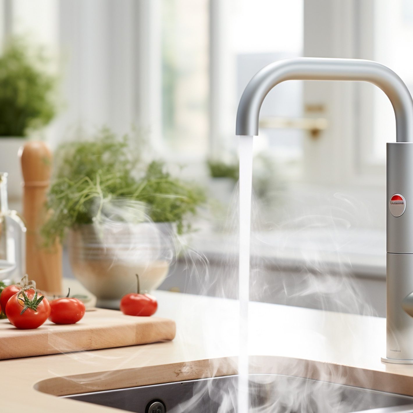 Quooker boiling water tap in kitchen modern design. Bright interior stylish home with boiling watering system tap