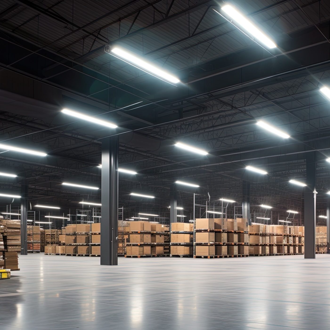 Generative AI, Warehouse interior with LED lighting, industry building, distribution retail center, part of storage and shipping system.
