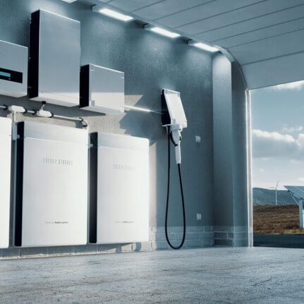Battery storage units and chargers are mounted on a wall in a clean, modern garage. Outside, solar panels and wind turbines are visible under a partly cloudy sky, highlighting a renewable energy setup eligible for a solar rebate.